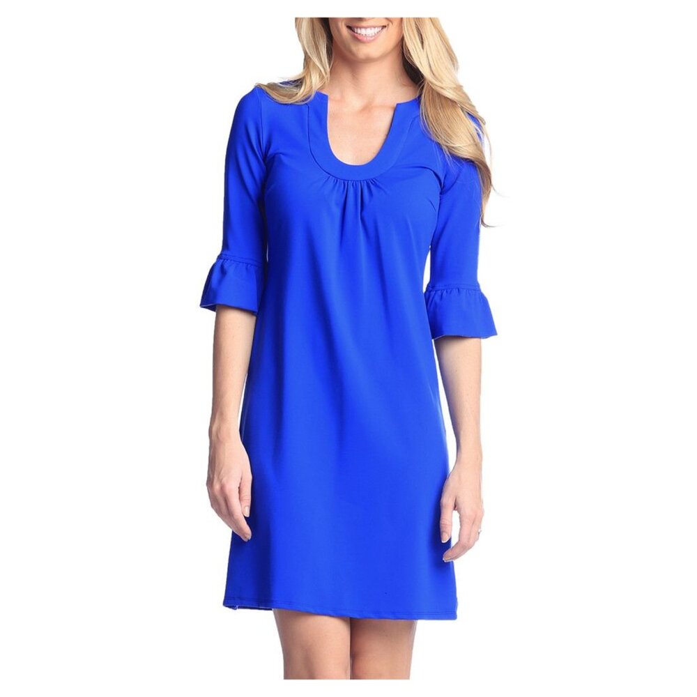 JUDE CONNALLY Nancy Dress S Shift Style Cobalt Blue Scoop Neck 3/4 Bell Sleeve